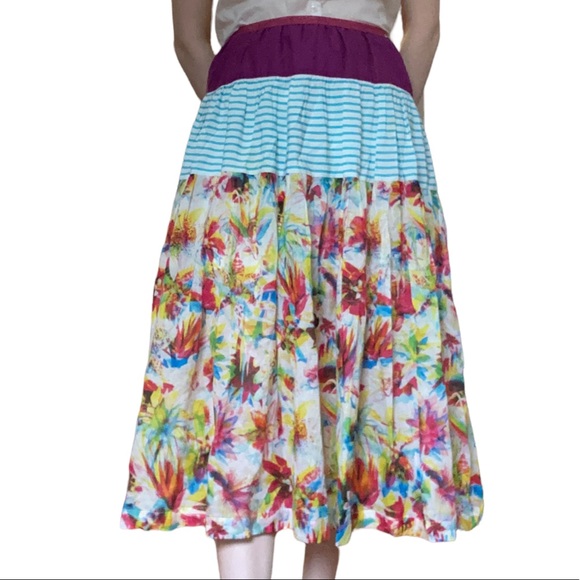 HP Jean Paul Gaultier Junior Tiered Cotton Maxi Skirt Mixed Floral Striped - Picture 4 of 8